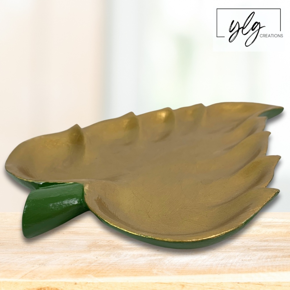 Leaf Trinket Dish Hawaiian Monkey Pod Wood Metallic Gold Green Tropical